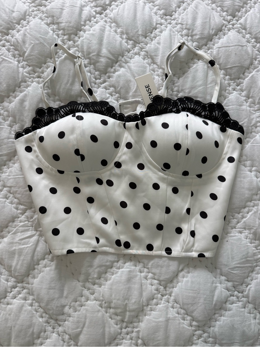 Commense White and Black Polka Dot Lace-Trim Bustier Camisole NWT